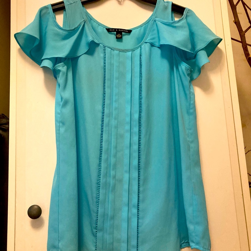 Bright turquoise cold shoulder cut-out top